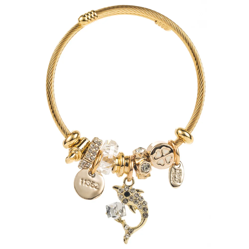 Wholesale Stainless Steel Crystal Bead Bangle Gold Plated Custom Animal Dolphin Charm Bracelet For Girls