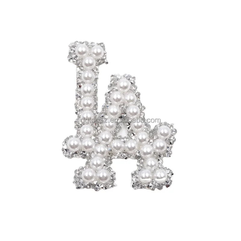  Free sample 3D crystal stone Chenille letter pearl iron on patches for