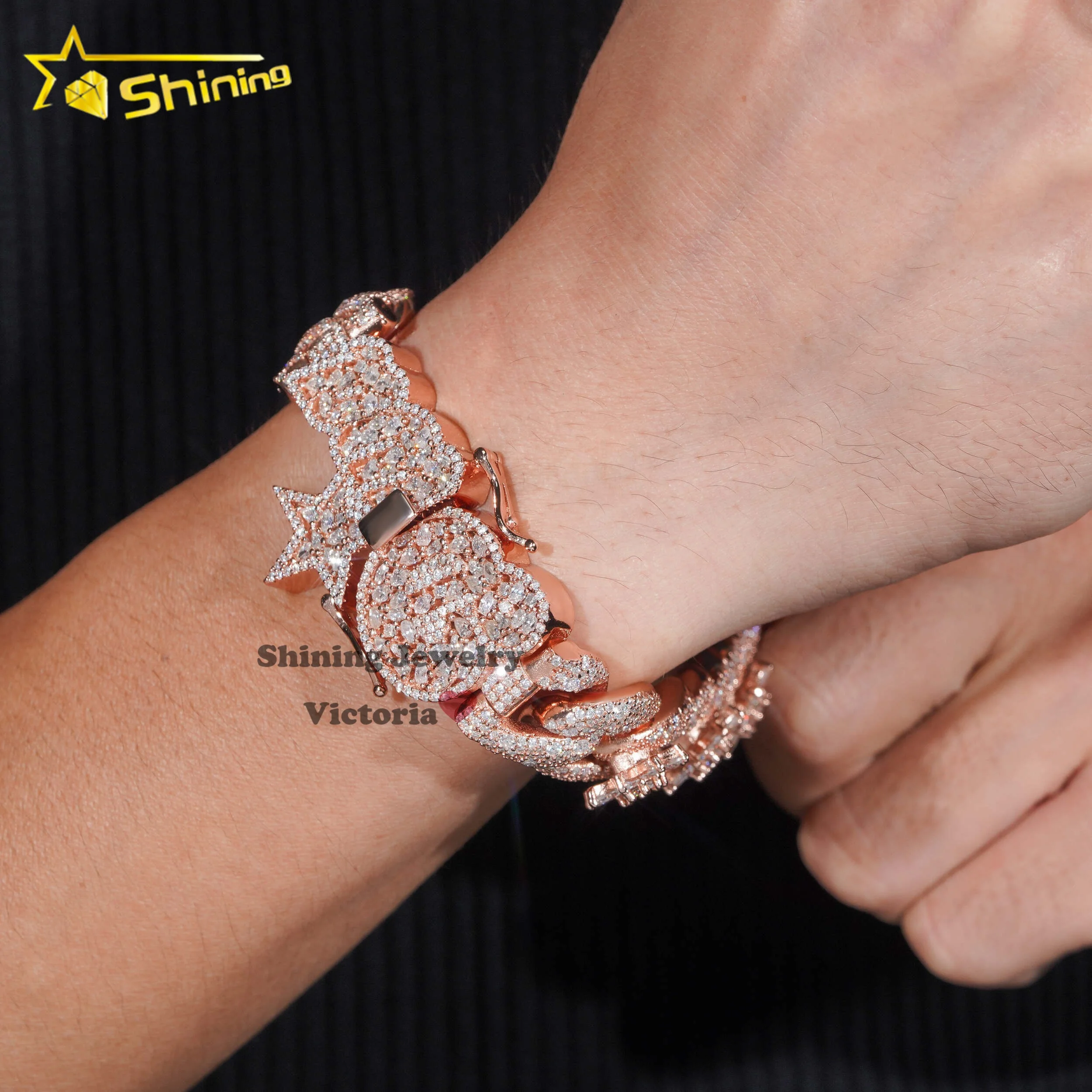 Unique Design custom lock 18mm rose gold plated flower 925 sterling silver fancy cut vvs moissanite diamond cuban link bracelet