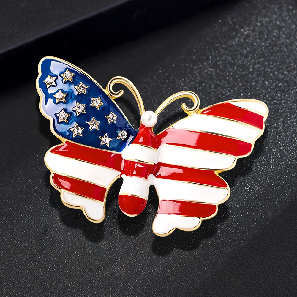 Custom Rhinestone American Flag Lapel Pin Butterfly Design Metal Badge for Accessories