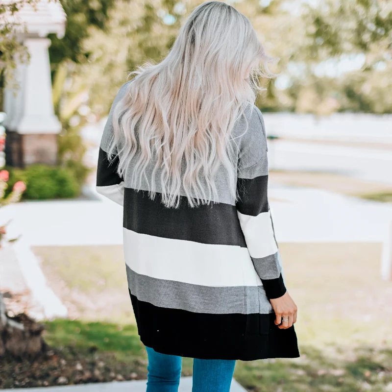 Fall Winter 2024 Casual Open Front Cardigan Sweater Long Sleeve Color Block Knitted Cardigan For Women