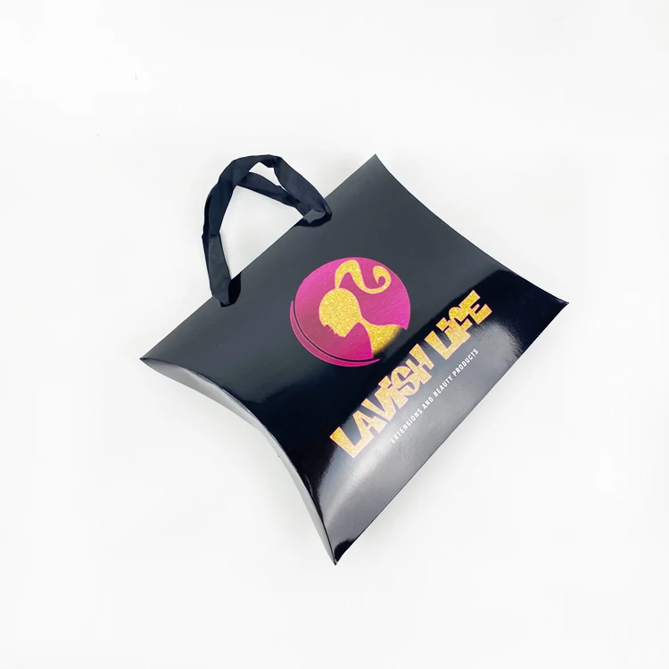
Small Size Two Colors Logo Cardboard Hair Packaging Pillow Box With Rope Handle 