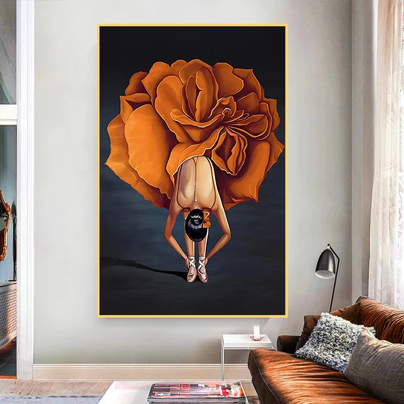 Pretty and Elegant Women with Long Dress and Flowers Hat European Style Canvas Painting Poster for Home Rooms Wall Decoration