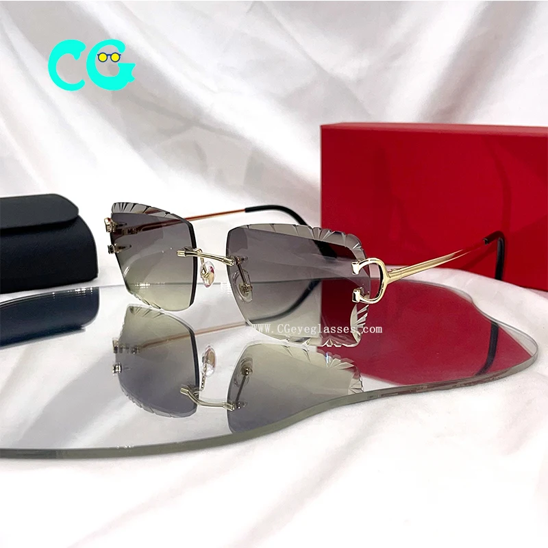 2024 New cut edge oval inverted sunglasses fashion high quality frameless diamond cut fashionable flat nylon lens sunglasses
