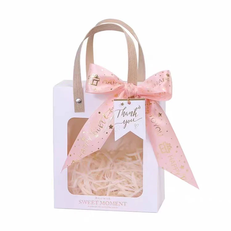 Custom luxury color clear window gift bag Wedding birthday gift small fancy paper bag with ribbon,party candy bags