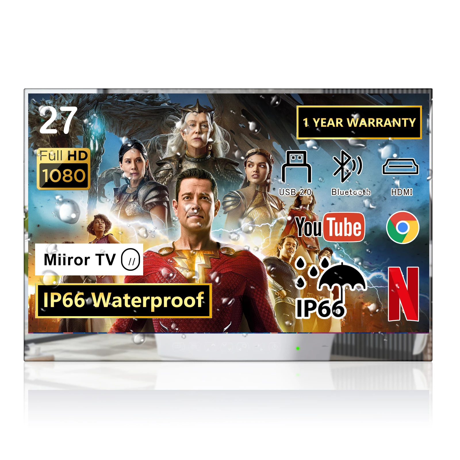 27inch Mirror Smart Android 9.0 IP66 Waterproof Bathroom TV Stylish White Design 1080P Full HD with Built-in Wi-Fi