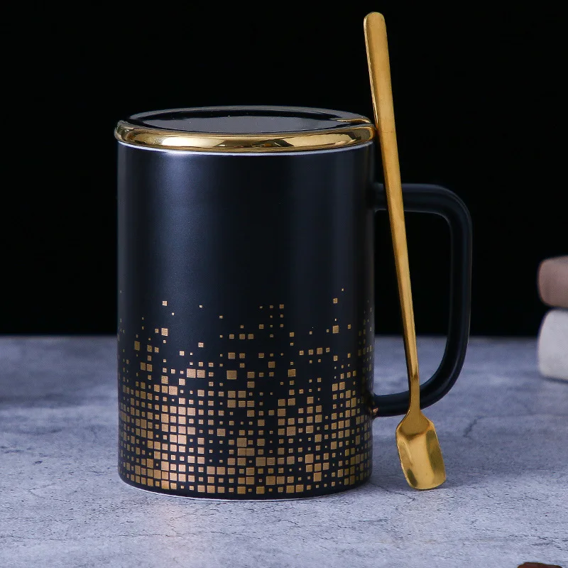 15OZ China Manufacturer Promotional Golden Square Speckles Spots Ceramic Mugs Black Coffee Mug With Golden Lid