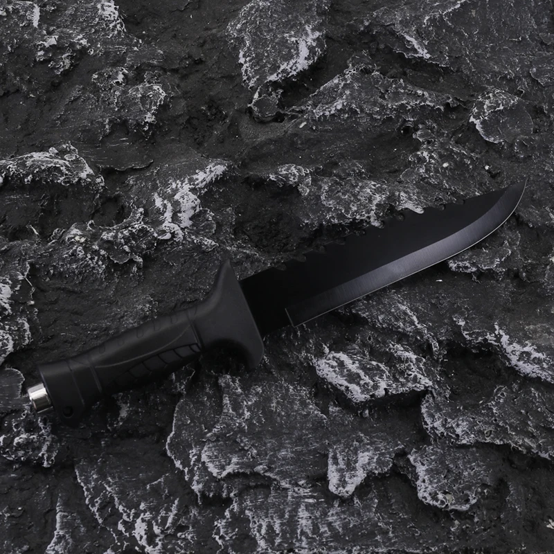 Outdoor survival black knife soft TPR handle camping tactical fighting knife fixed blade knife hunting with compass