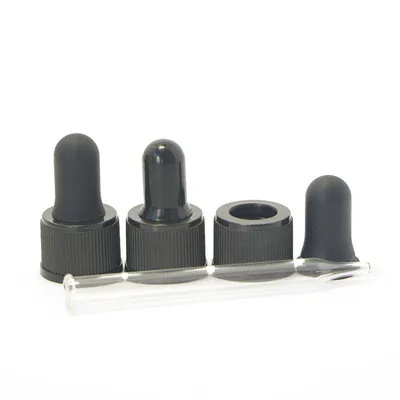 Essential glass bottle cap not assembled plain black 18mm neck dropper cap with glass pipette