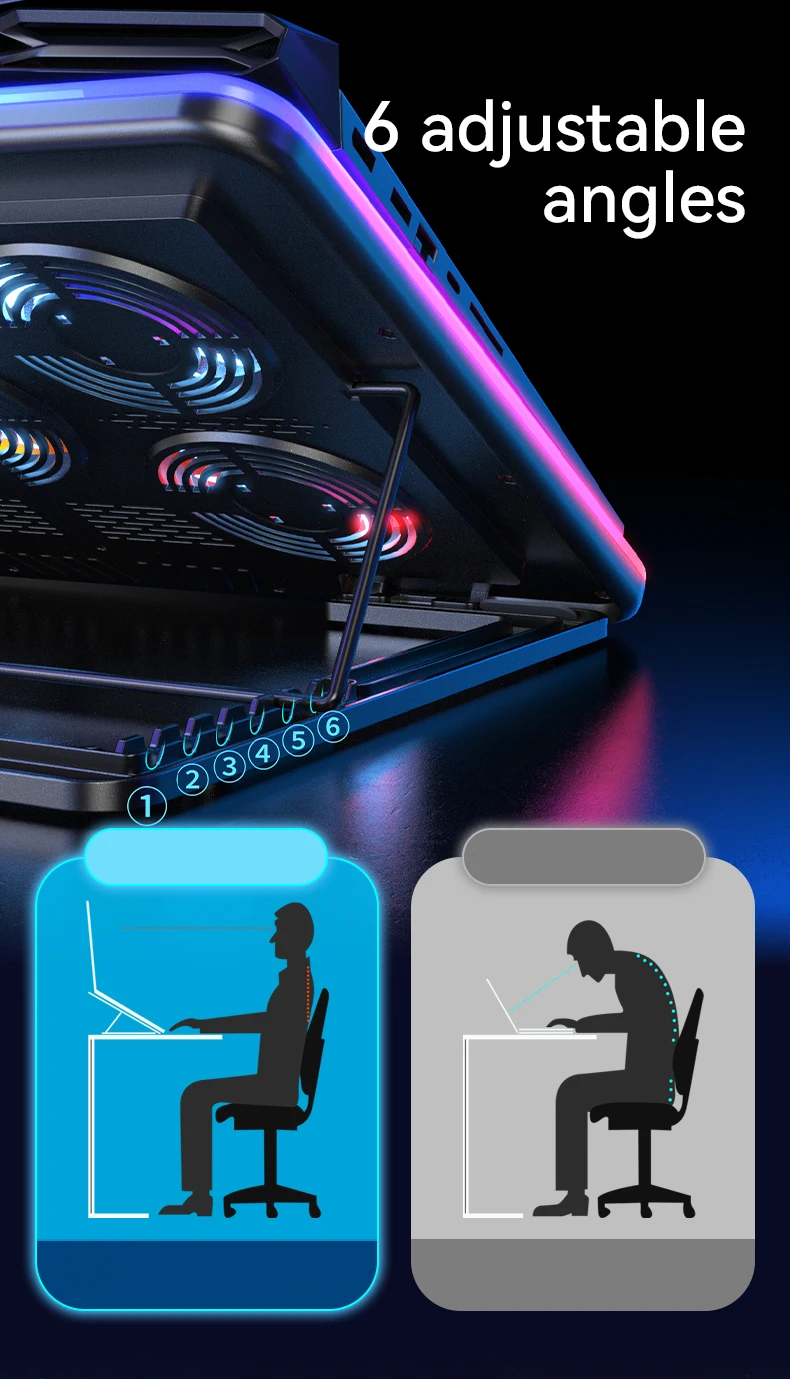 Охлаждающая подставка для ноутбука, игровой вентилятор RGB, со светодиодной подсветкой, регулируемая высота и скорость