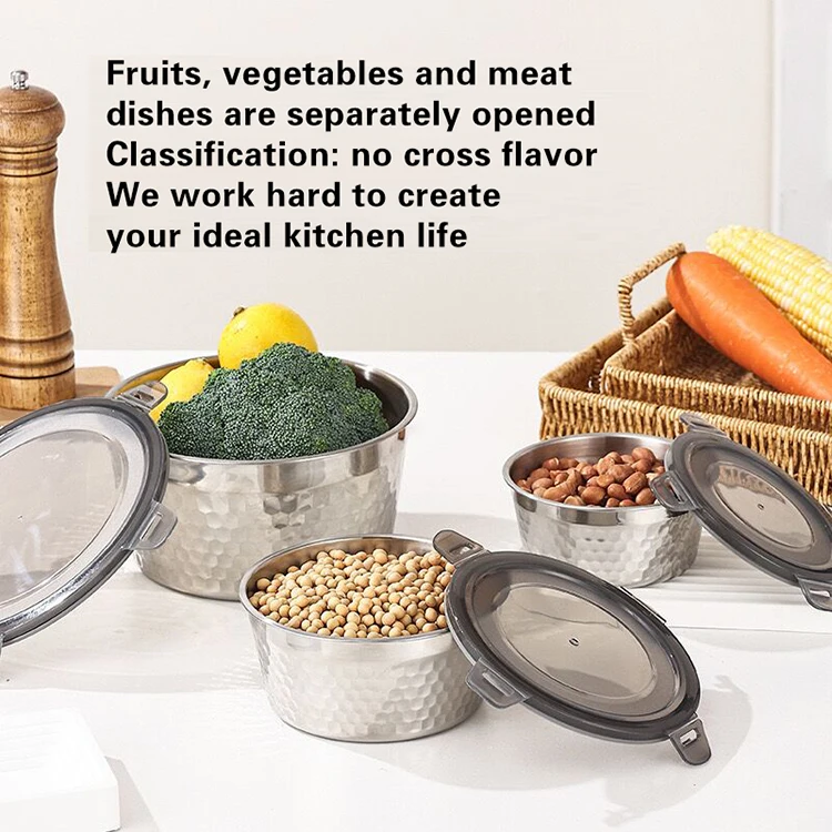 Wholesale refrigerator plastic lid SUS304 storage box sealed fresh-keeping box stainless steel food container