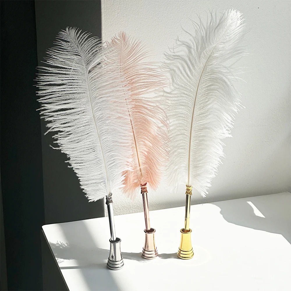 2024 Hot Selling Soft Fluffy Nature Ostrich Feather Ballpoint Pen for School Office Wedding Party Gift