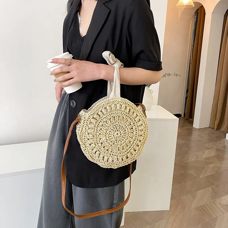 Cute bow crossbody woven handmade crochet round beach bag