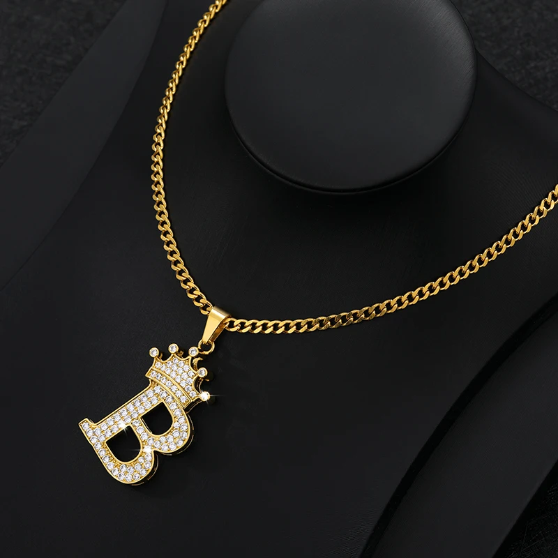 Crystal Zircon Alphabet Pendant Necklaces Crown Initial Letter Necklace Goth Chain Vintage Jewelry Stainless Steel For Women Men