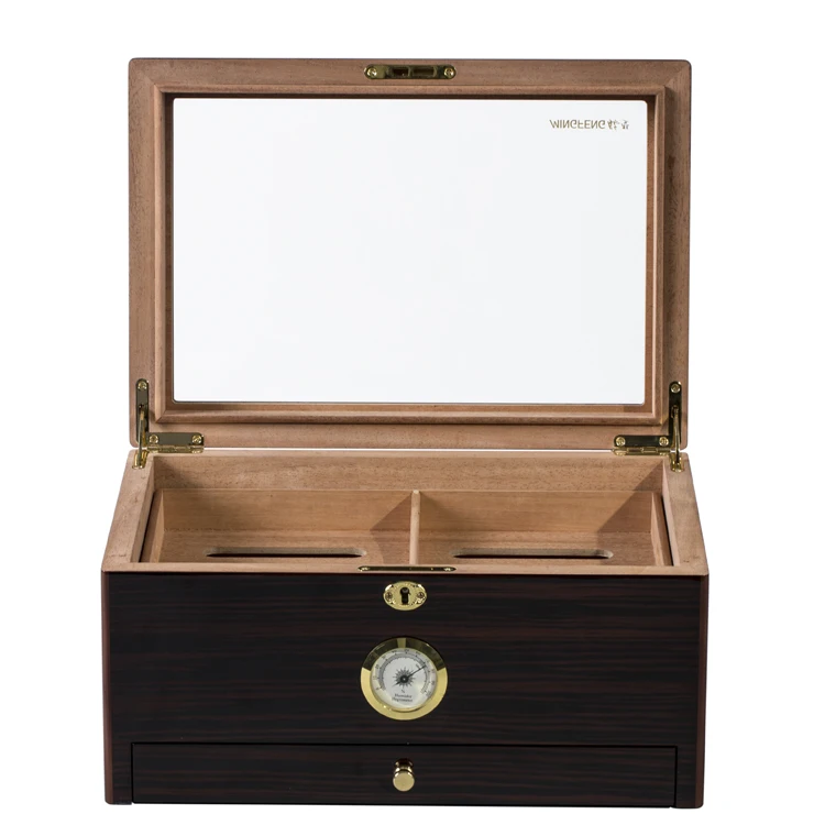 Handcrafted Cedar Wooden Humidor Case Cigar Box With Front Hygrometer And Accessory Drawer