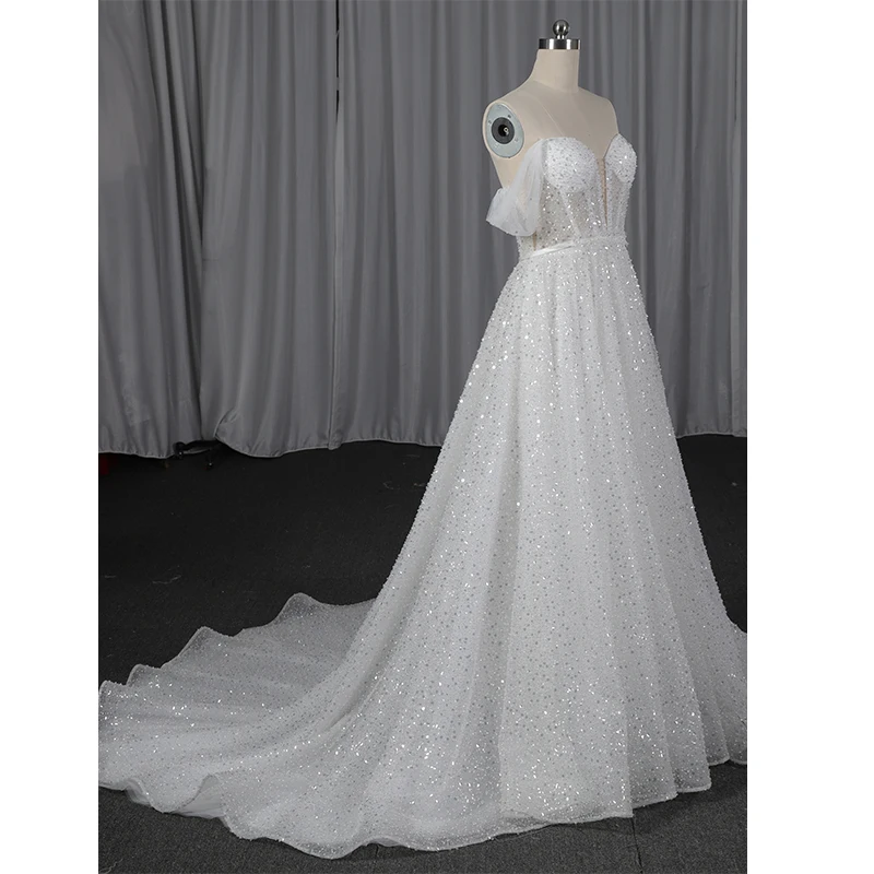 2022 Custom romantic heavy beaded lace applique Off-Shoulder A line wedding dresses bridal gown vestidos de novia