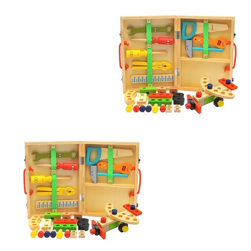 Children Wooden Toys Wholesale Wooden Tool Set Toy Construction Tool Toys with Play Drill and Tool Box Pretend Play Workshop