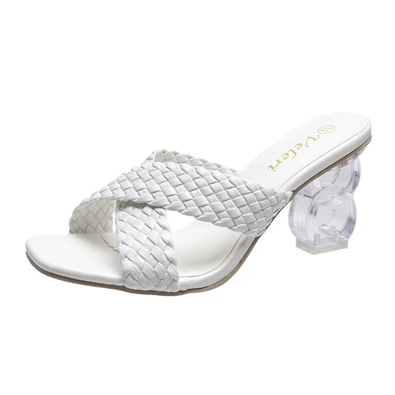 2021 summer new woven high heel crystal womens shoes square toe slippers