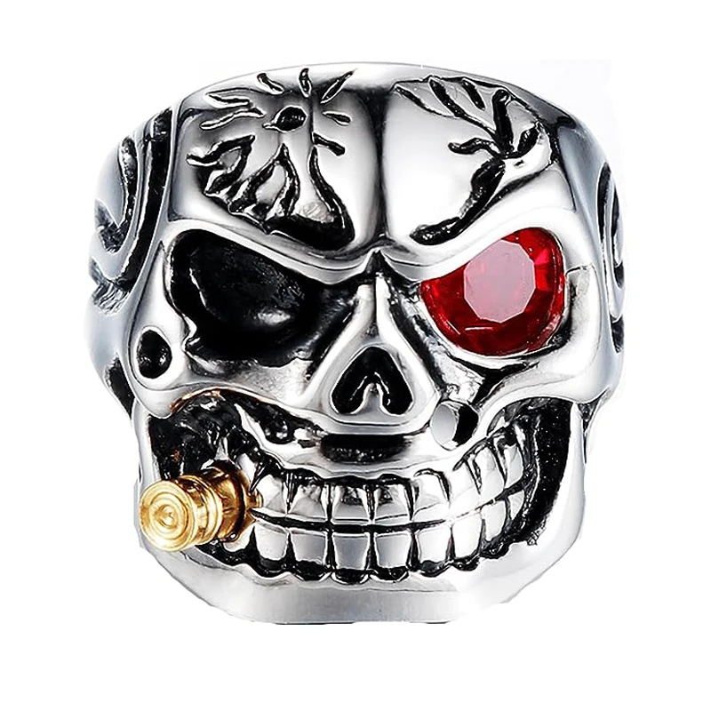 Custom Cigarette Vampire Single Red Eye Stainless Steel Rings Iced Out Jewelry Heavy Metal Punk Mens Devil Demon Rings For Men