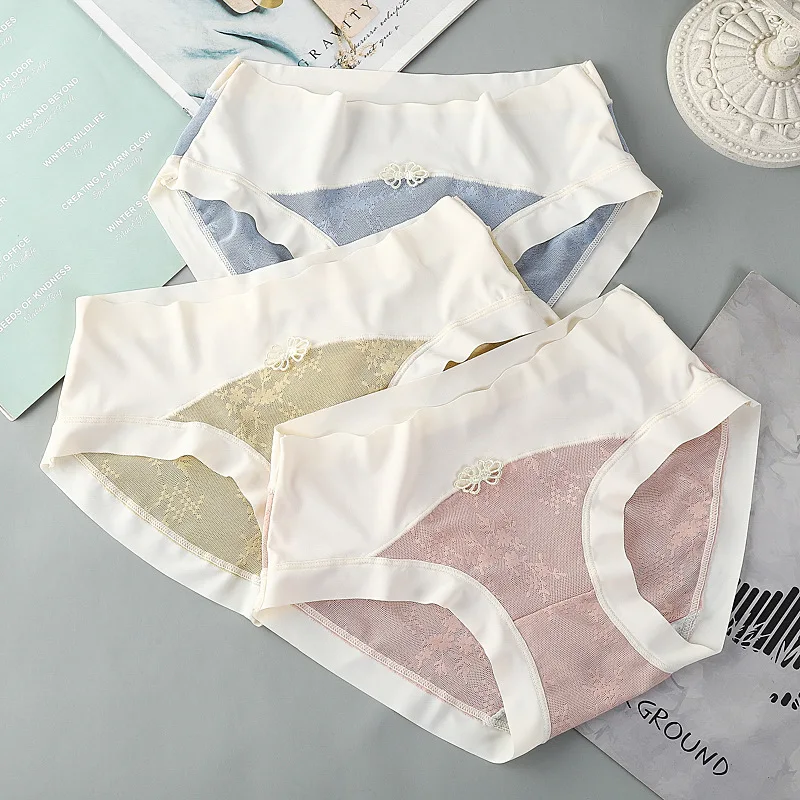 Женское мягкое нижнее белье в японском стиле дышащие кружевные бесшовные трусики до середины талии