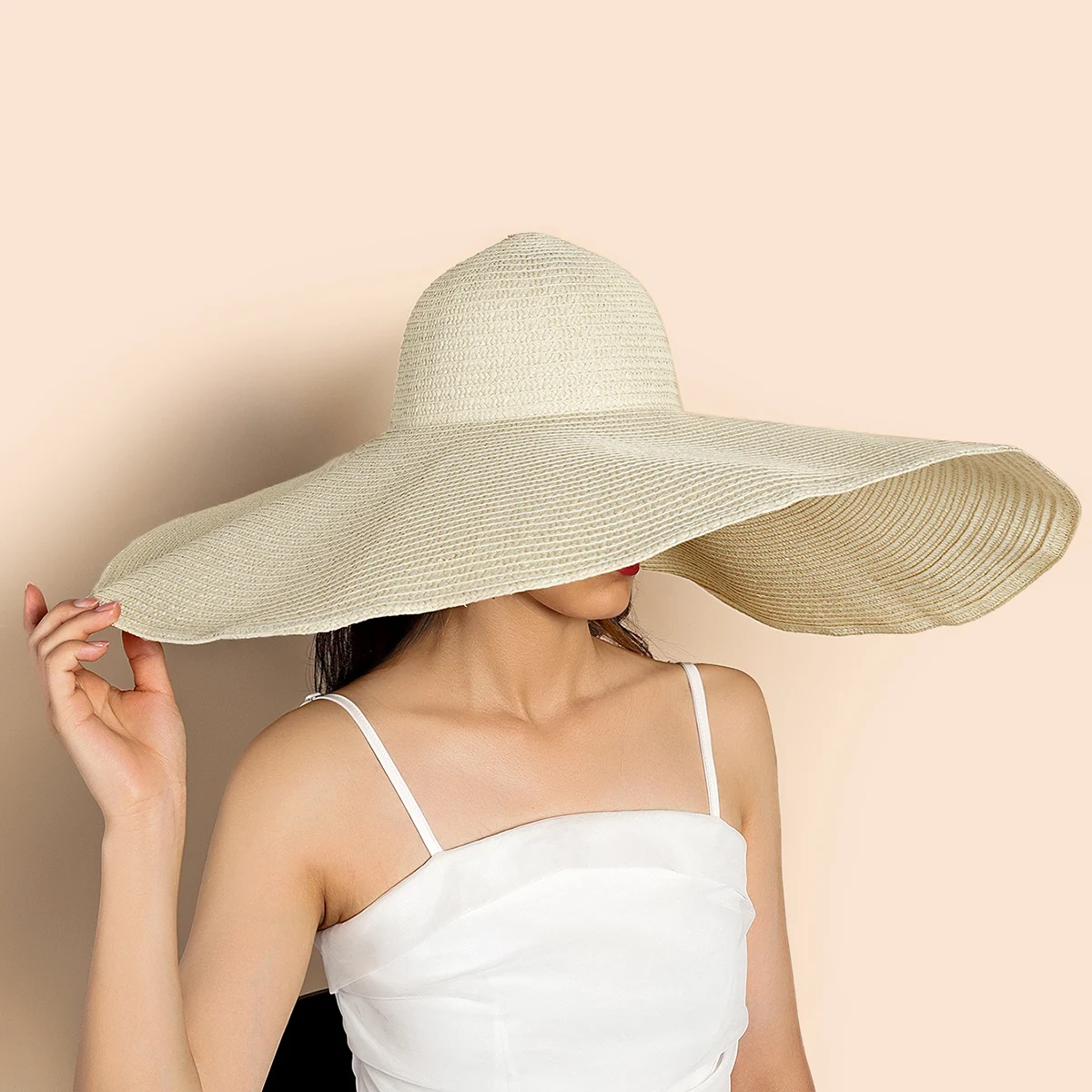 Foldable Large Brim Sunshade Hat Beige Oversized Panama Beach Women Straw Hat