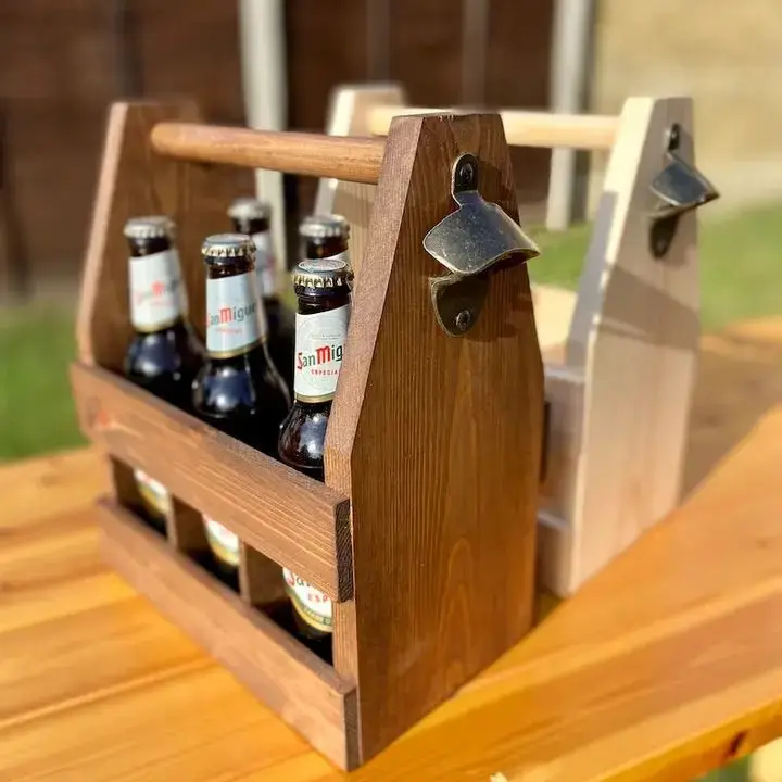 Customized design wooden beer bottle caddy with opener drink storage holder