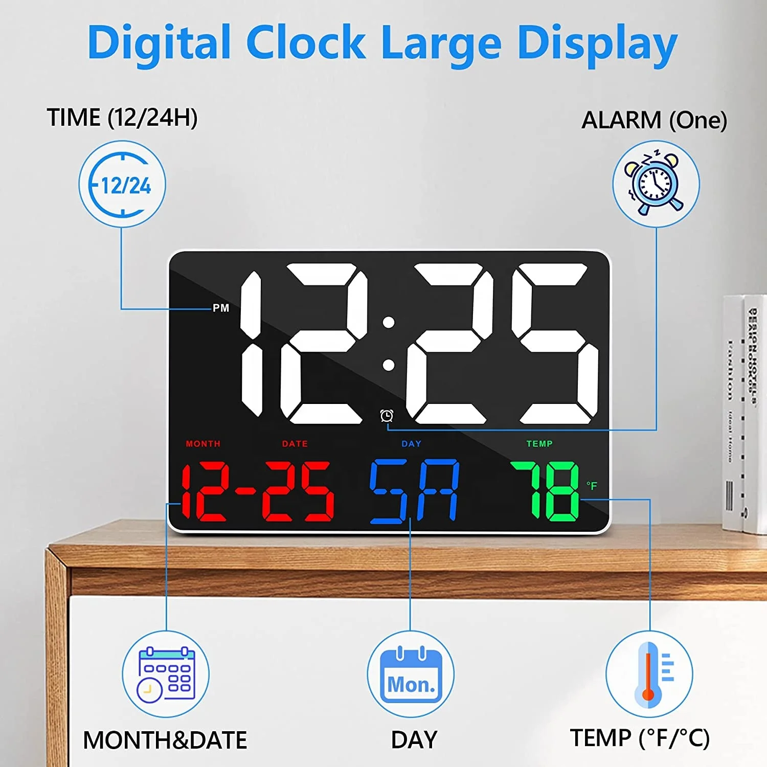 Digital Wall Clock Large Display with Remote Control Adjustable Brightness