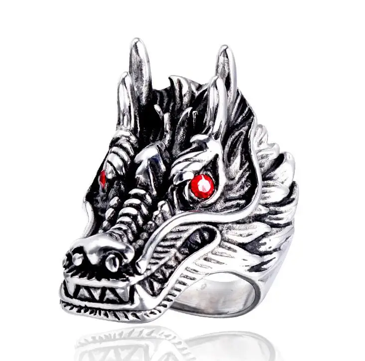Amazon Hot Stainless Steel Cool Red Eye Dragon Head Men Ring