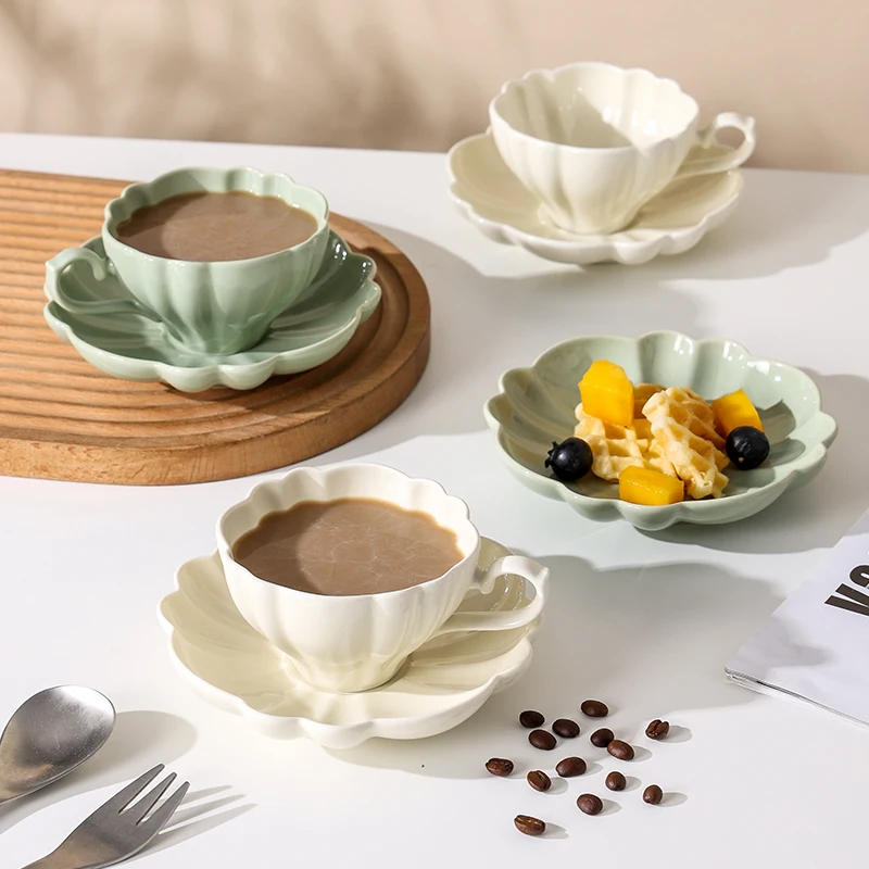 Vintage pottery espresso cup and saucer embossed flower coffee cup and saucer set