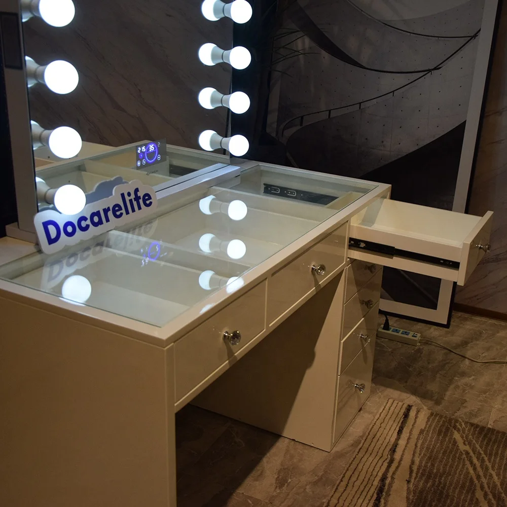 stock in U.S luxury wooden bedroom sets high glossy painting 7 drawers dressing table 2022 wooden luxury makeup vanity table set