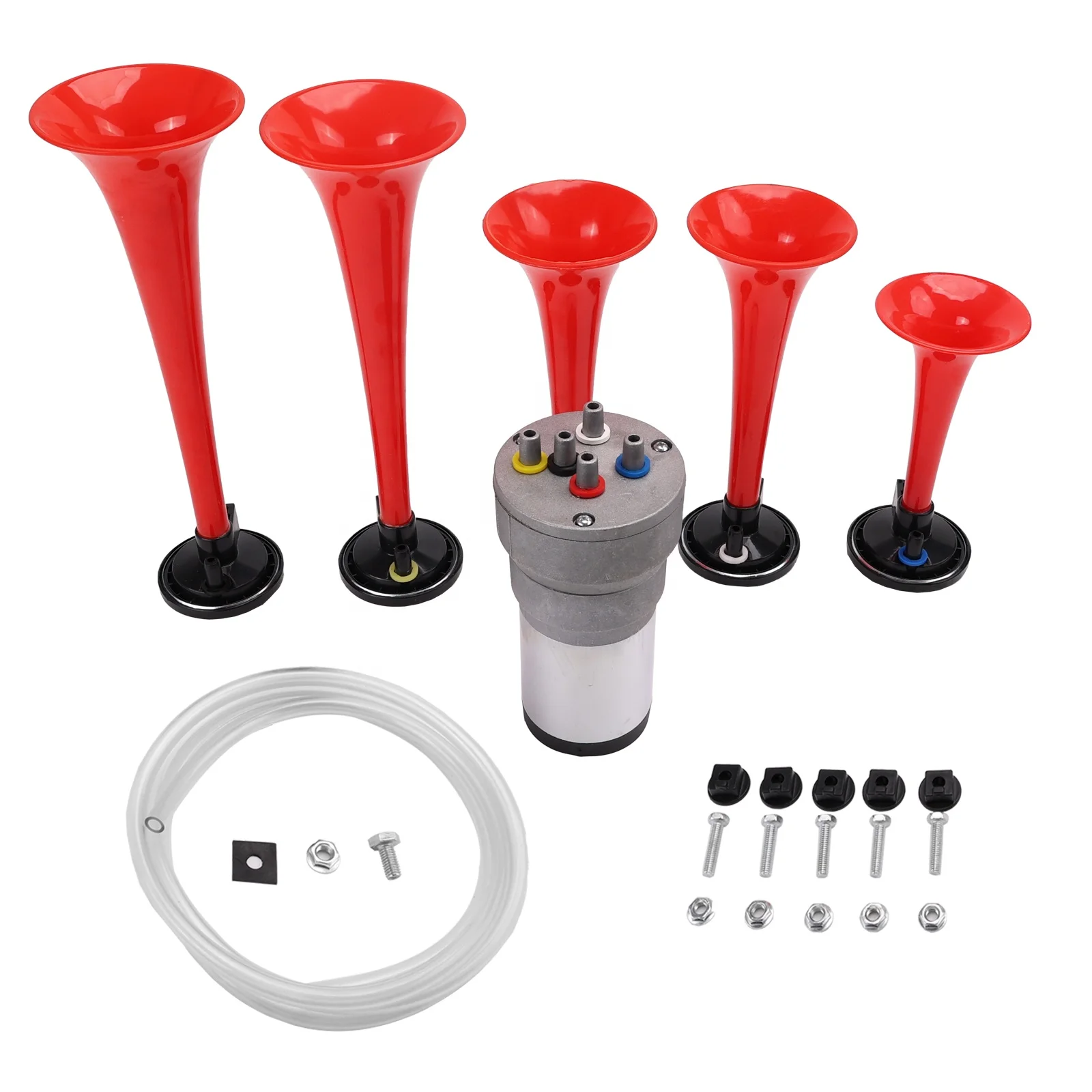 FARBIN Air Horns La Cucaracha Musical Horn 5 Trumpet Music Sound Air Horn with Compressor Play Lacucaracha Melody Red 12V 150db