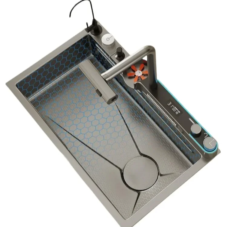 Stainless Steel Waterfall Kitchen Sink Large Single Slot Integrated Digital Display Faucet Set Embossed Wash Basin