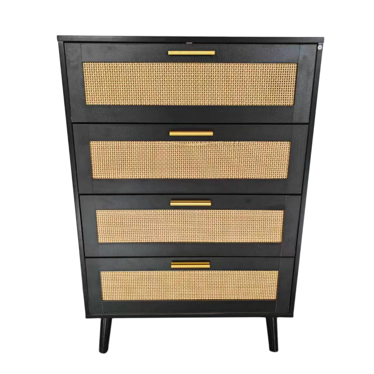 Rattan 4 Drawer Dresser Rattan Chest Drawer Furniture Tall Storage Dressers Cabinet Organizer Unit for Living Room Bedroom Black