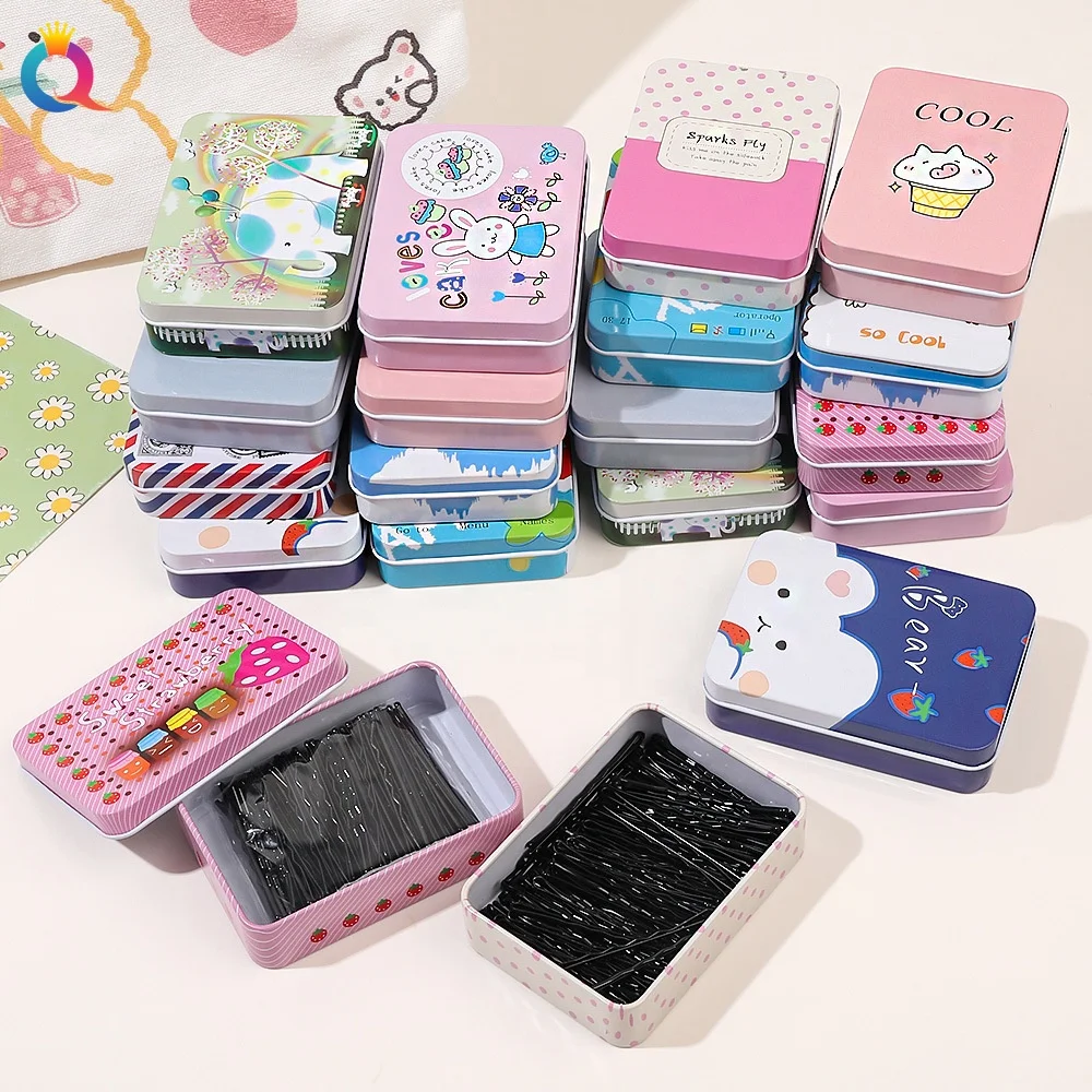 QIYUE 50 or 100 piece black metal hair pin  cute metal box packing bobby pin hair slide