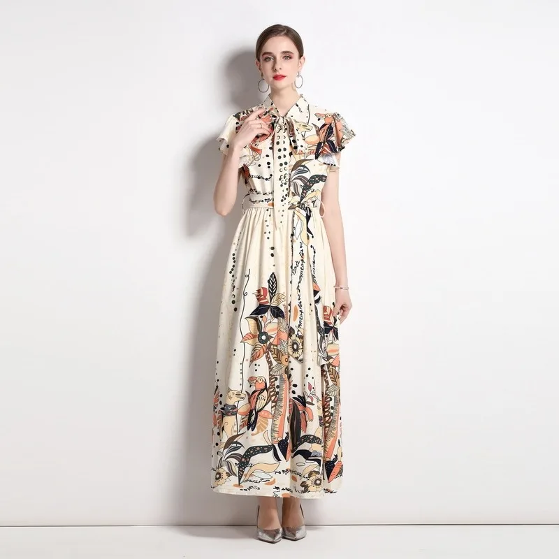 XC5948073 Summer new neckline tie design sleeveless long personalized retro print A-line dress