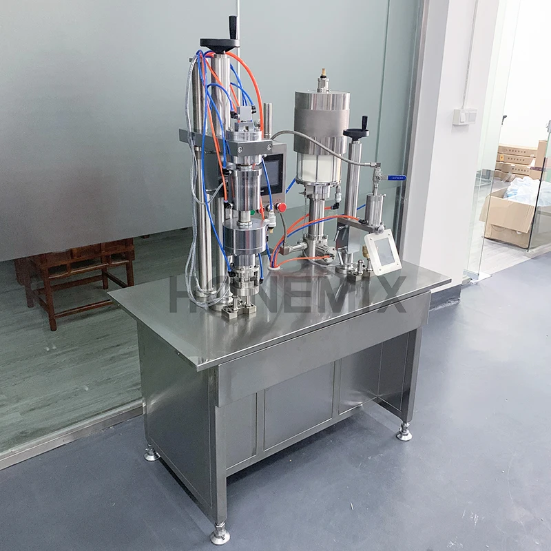 HONE Factory price semi automatic BOV filler bag on valve aerosol filling and sealing machine for cans disinfection spray