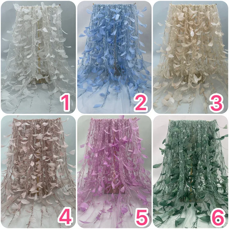 DS Factory Wholesale Feather Beads Sequin Embroidered Mesh Wedding Dress Fairy Dress Fabric