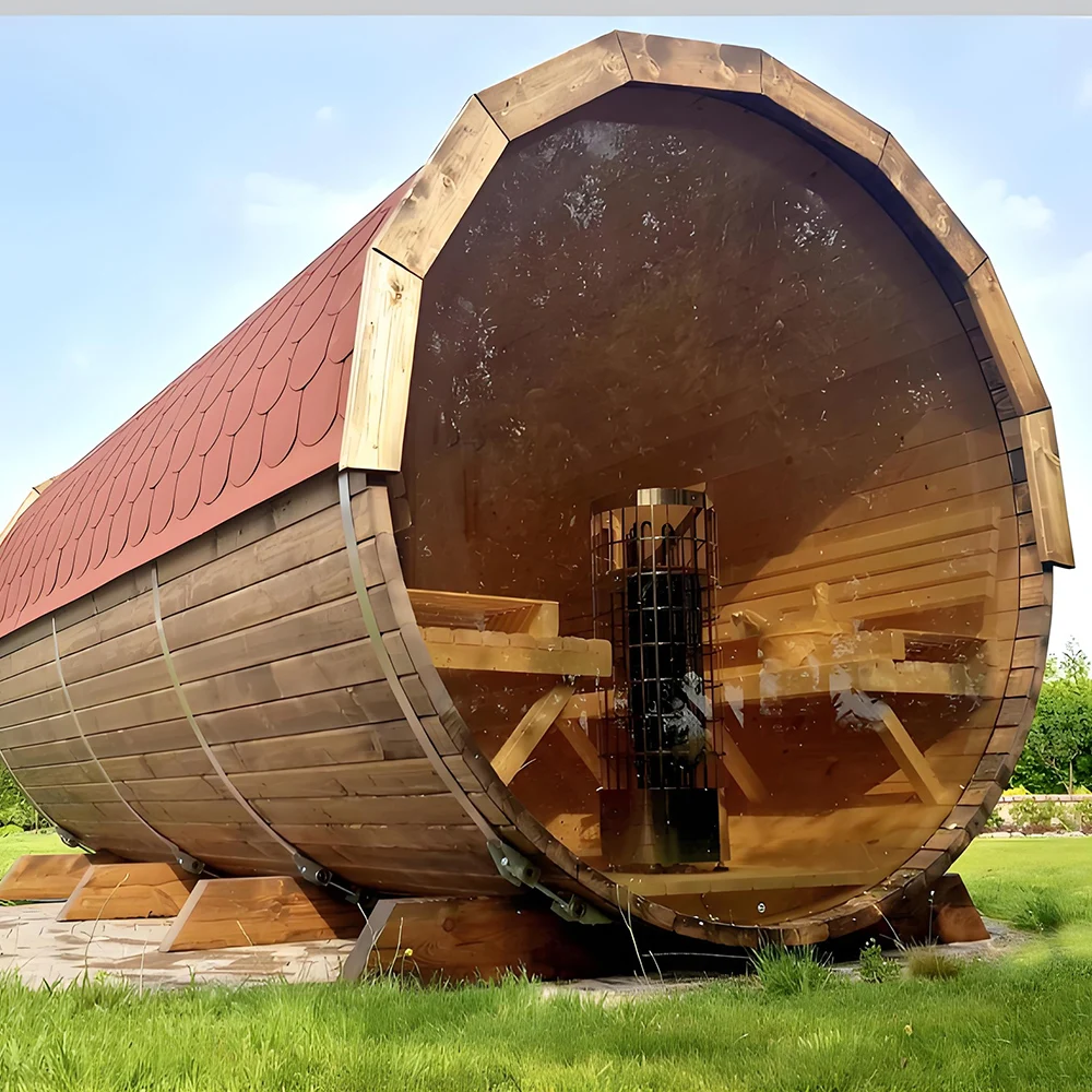 Outdoor full spectrum infrared sauna stone Double layer solid wood stool hemlock work spa sauna cylindrical sauna  room