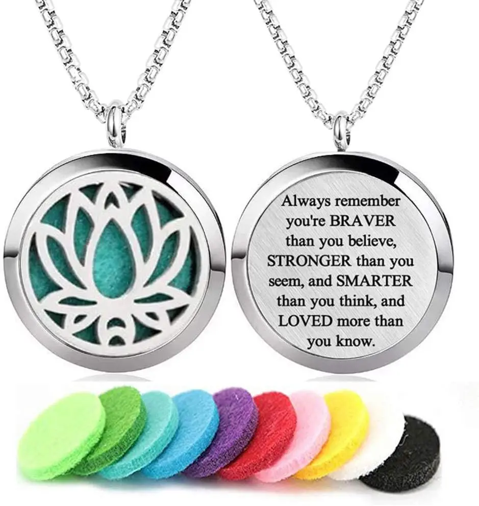 30mm Aromatherapy Essential Oil Diffuser Necklace 316L Stainless Steel Perfume Locket Pendant with 24 Inch Chain