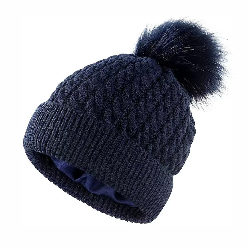 Thickened High Elasticity Satin Lined Women Knitted Cuff Beanie Acrylic PomPom Knitted Autumn Winter Stripe Beanie Hat