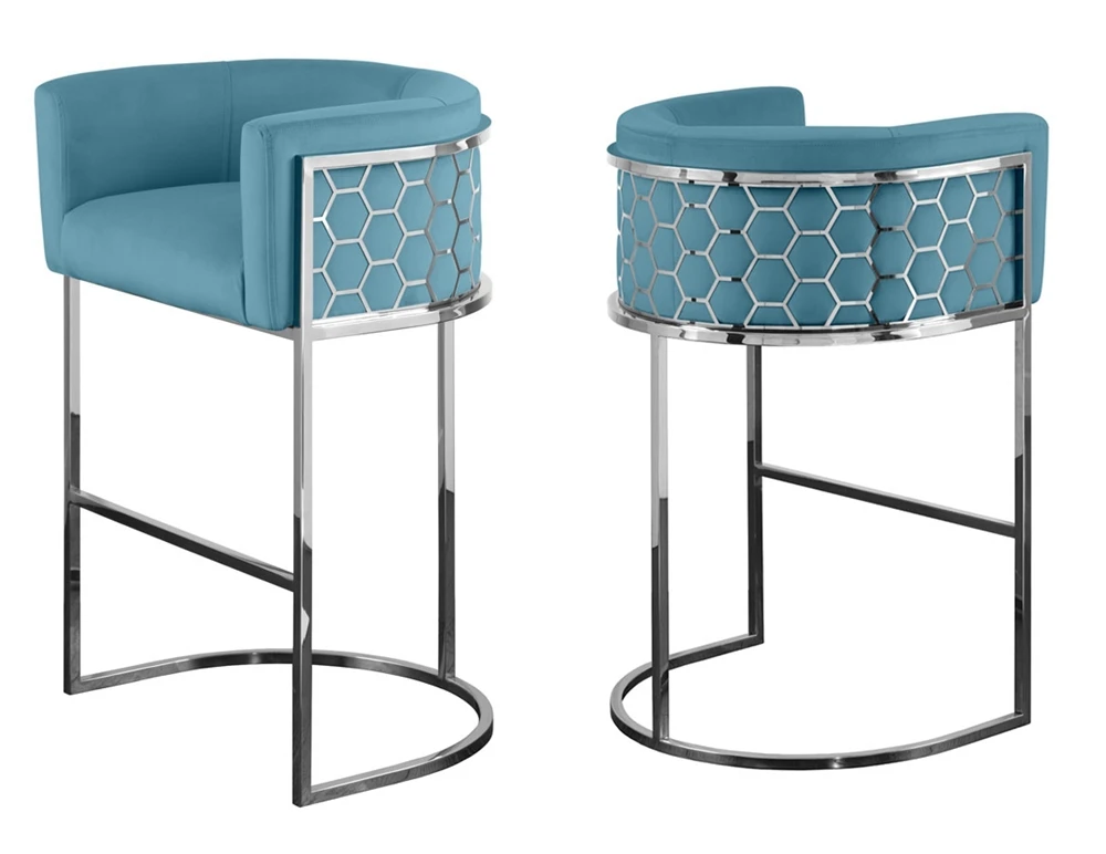  Modern style velvet bar high chair back silver Nordic iron furniture kitchen hotel luxury