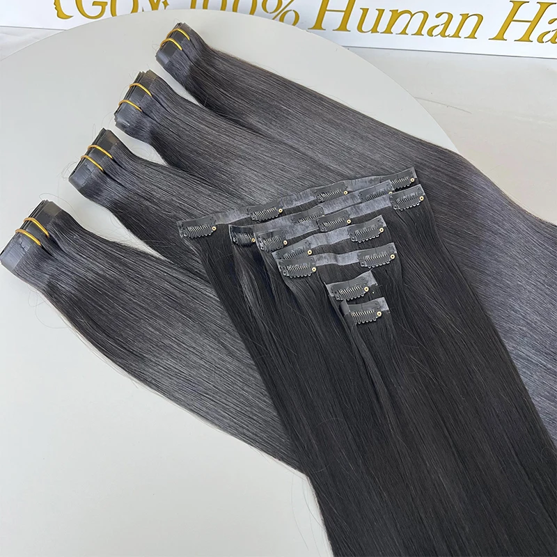 Raw Unprocessed Clip-ins Natural Human Hair Extensions 100g Pu Weft Invisible Seamless Straight Clip In Hair