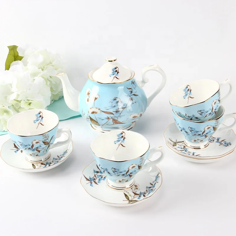 English Style Bonechina Red Rose Design 1000ml Family Coffee Tea Pot and Cup Set