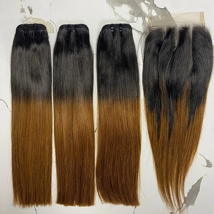 FH Wholesale Double Drawn 3 Human Hair Bundle with Closure Set  4x4 Straight  Lace Closure #1B-30 Machine Weft Bundles Extension
