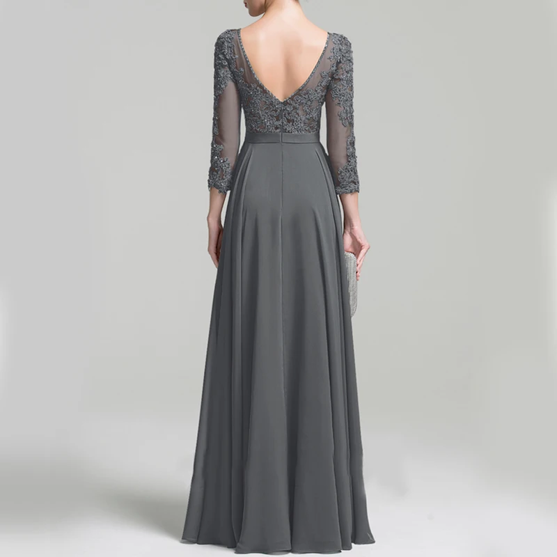 Floor Length Long Sleeve Long Gown Gray Color Women Bridesmaid Dresses