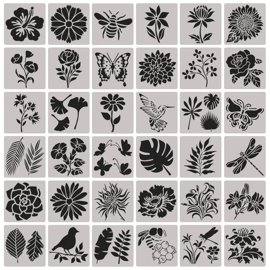 36 Pack 5 Inch Flowers Plants Floral Stencils for Painting on Wood Reusable Plastic Templates