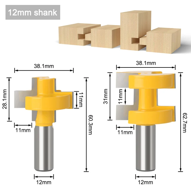 ALPHA 2pc 1/2' 12mm Shank T-Slot Square Tooth Tenon Milling Cutter  High Quality Large Tongue & Groove Joint Router Bit Set