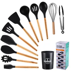 11pcs Amazon Hot Sale food safe kitchenware accessories kitchen home cooking tools silicone utensil set with wooden handle
