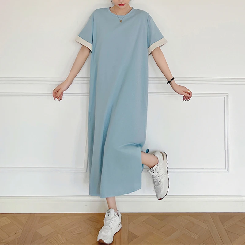 Hot Sale Summer Korean Long Tee Dress Oversized Casual Split One Piece Blank Baggy Cotton Maxi T Shirt Dresses for Women