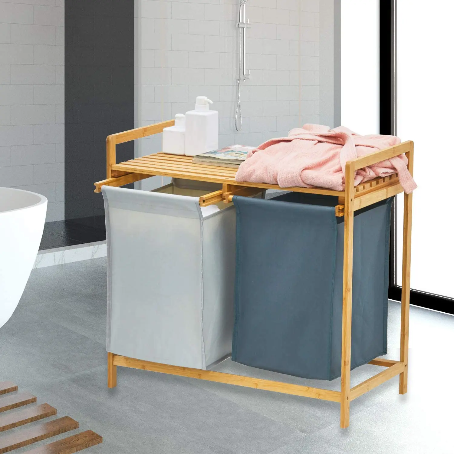 Laundry Hamper and Shelf, Dual Compartments Laundry Basket with Removable Bag, 2 Sections Laundry Organizer and Storage